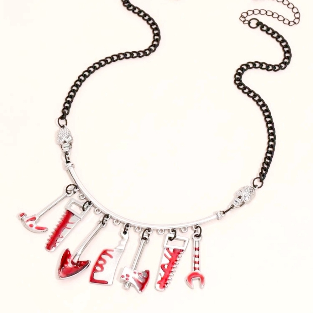 Skulls Red Stained Tools Charm Necklace Kawaii Creepy Cute Goth Serial NWT